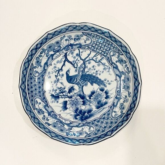 Andrea by Sadek Blue and White Peacock Design Bowl Chinoiserie - Picture 1 of 5